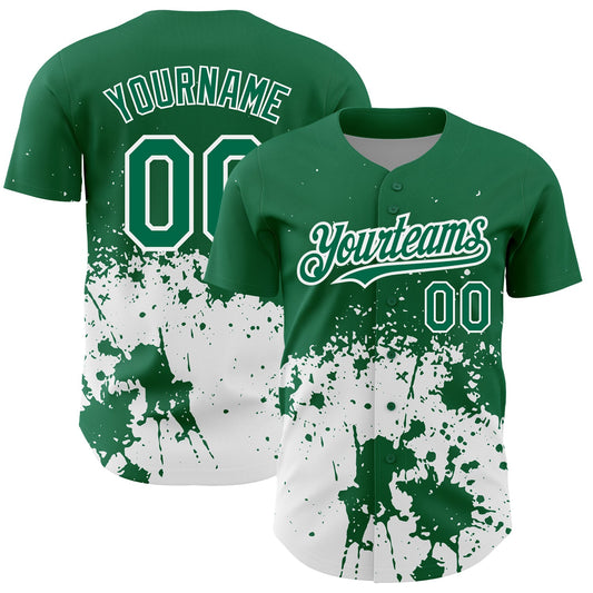 Custom Kelly Green White 3D Pattern Design Abstract Splash Grunge Art Authentic Baseball Jersey - Sky-Custom