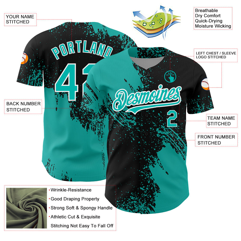 Custom Black Aqua-White 3D Pattern Design Abstract Brush Stroke Authentic Baseball Jersey - Sky-Custom