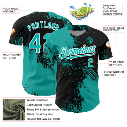 Custom Black Aqua-White 3D Pattern Design Abstract Brush Stroke Authentic Baseball Jersey - Sky-Custom