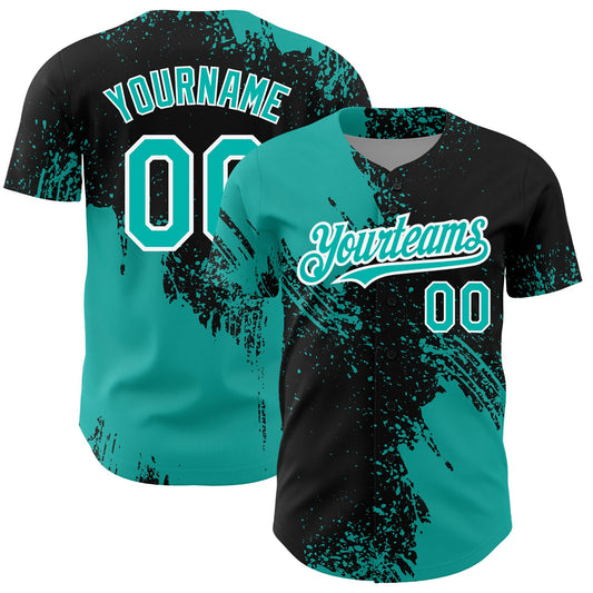 Custom Black Aqua-White 3D Pattern Design Abstract Brush Stroke Authentic Baseball Jersey - Sky-Custom