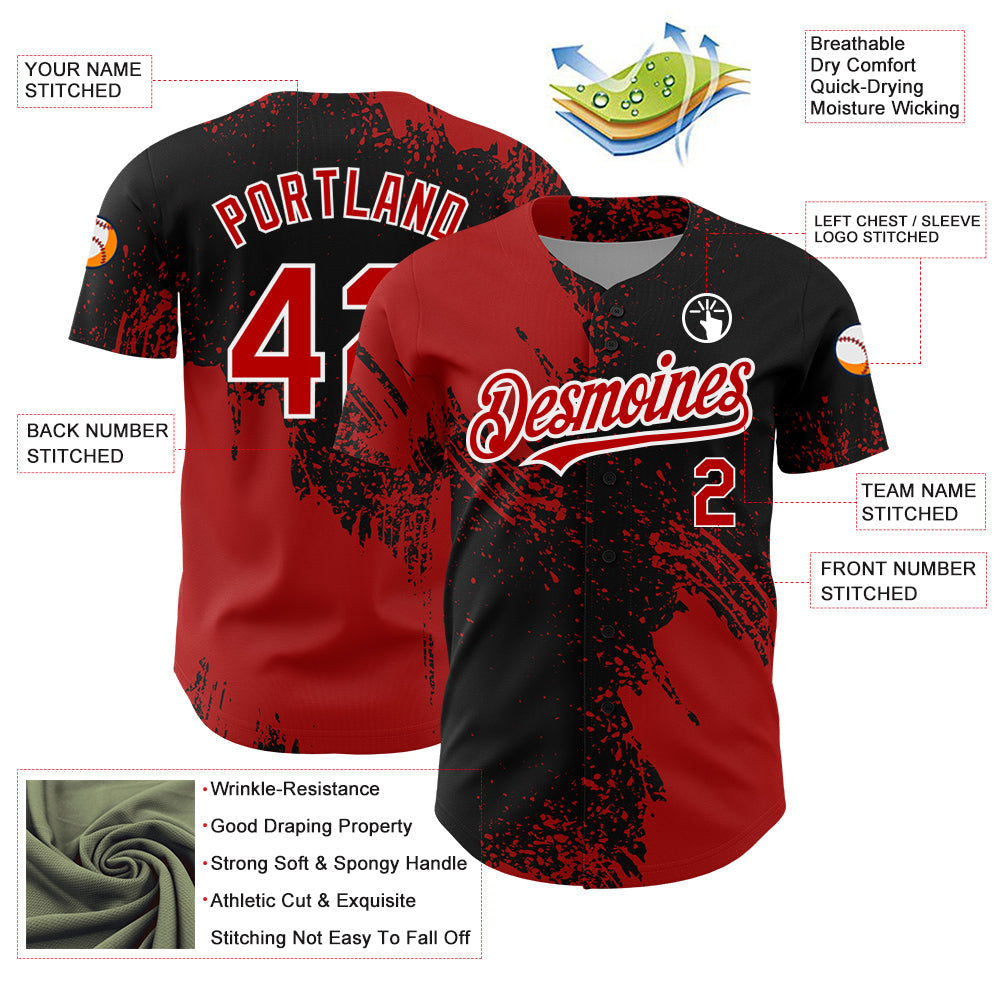 Custom Black Red-White 3D Pattern Design Abstract Brush Stroke Authentic Baseball Jersey - Sky-Custom