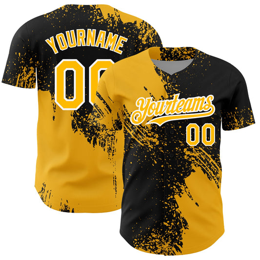 Custom Black Gold-White 3D Pattern Design Abstract Brush Stroke Authentic Baseball Jersey - Sky-Custom