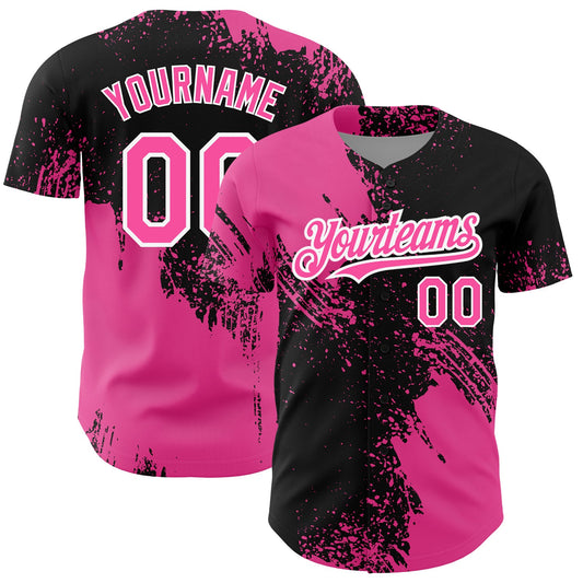Custom Black Pink-White 3D Pattern Design Abstract Brush Stroke Authentic Baseball Jersey - Sky-Custom