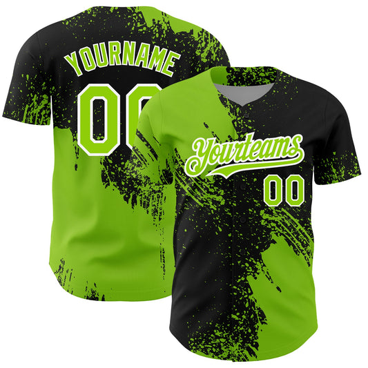 Custom Black Neon Green-White 3D Pattern Design Abstract Brush Stroke Authentic Baseball Jersey - Sky-Custom