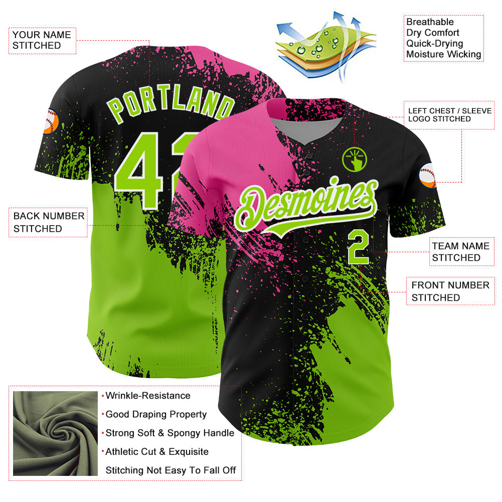 Custom Black Neon Green-Pink 3D Pattern Design Abstract Brush Stroke Authentic Baseball Jersey - Sky-Custom