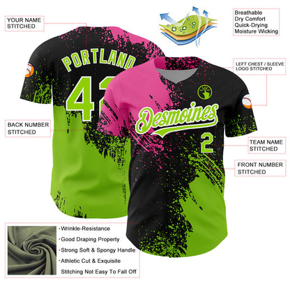 Custom Black Neon Green-Pink 3D Pattern Design Abstract Brush Stroke Authentic Baseball Jersey - Sky-Custom
