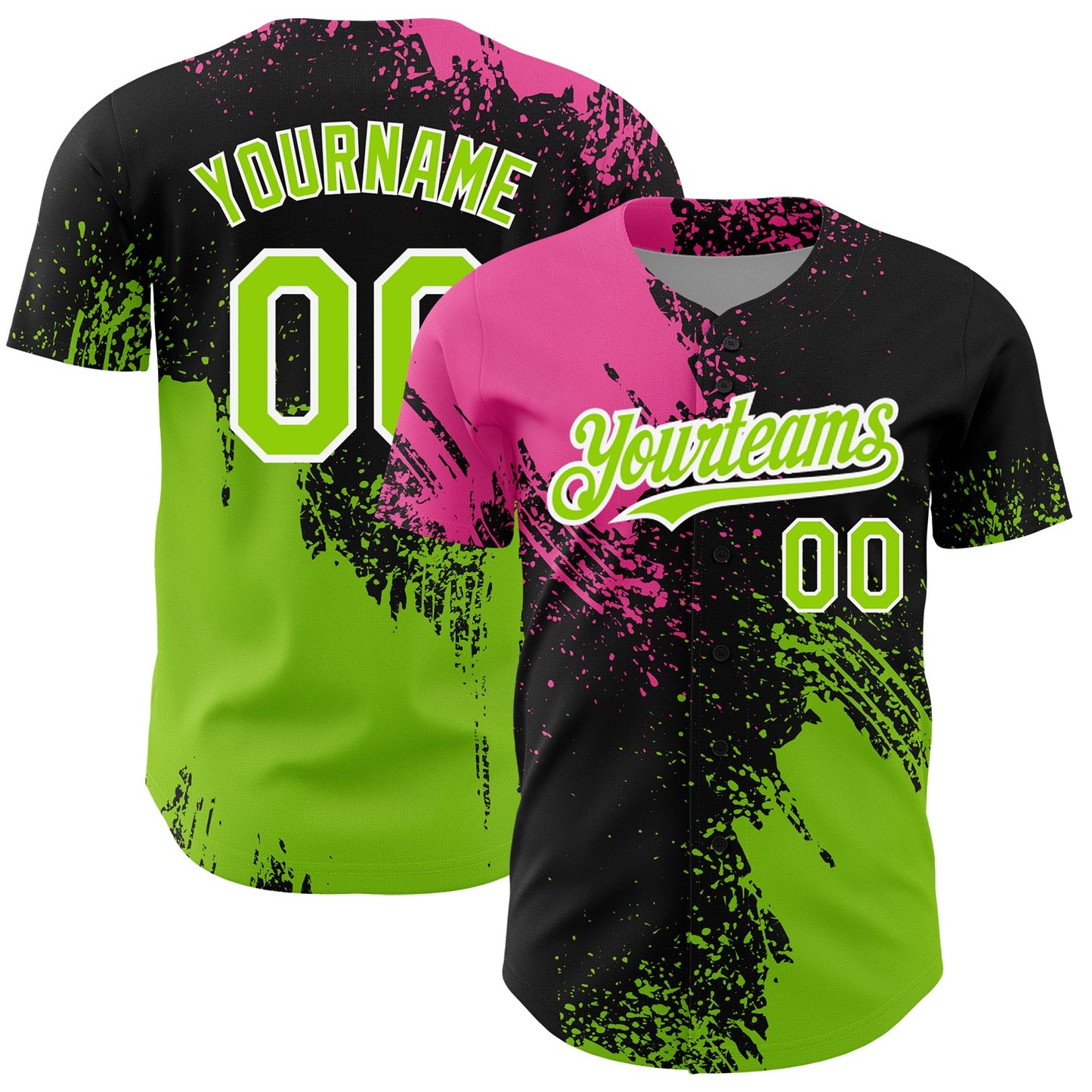 Custom Black Neon Green-Pink 3D Pattern Design Abstract Brush Stroke Authentic Baseball Jersey - Sky-Custom