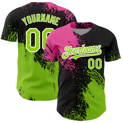 Custom Black Neon Green-Pink 3D Pattern Design Abstract Brush Stroke Authentic Baseball Jersey - Sky-Custom