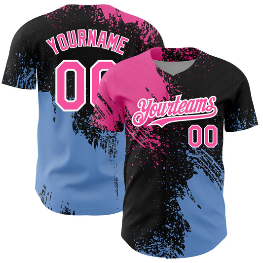 Custom Black Pink-Light Blue 3D Pattern Design Abstract Brush Stroke Authentic Baseball Jersey - Sky-Custom