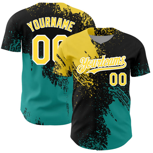 Custom Black Yellow-Teal 3D Pattern Design Abstract Brush Stroke Authentic Baseball Jersey - Sky-Custom