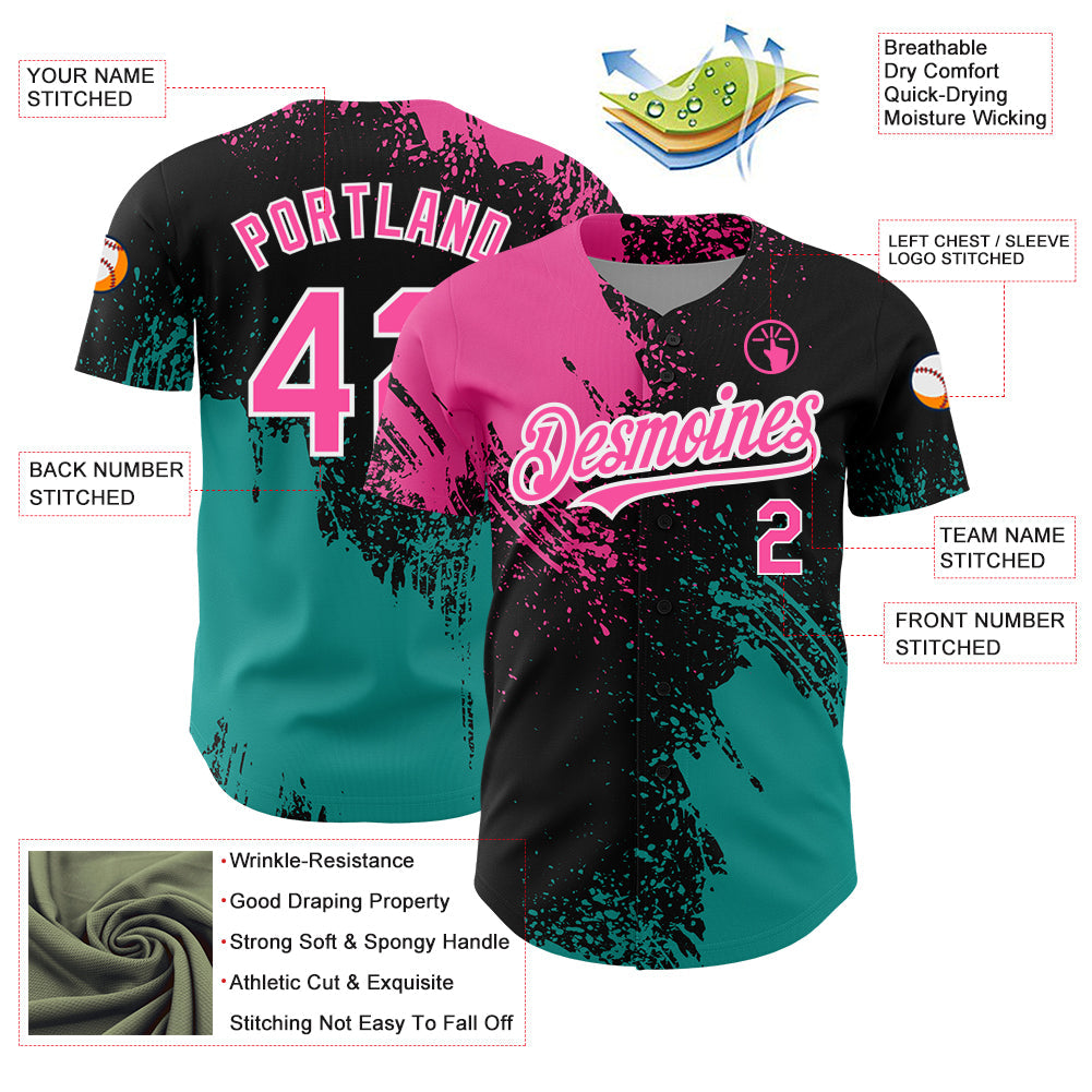 Custom Black Pink-Teal 3D Pattern Design Abstract Brush Stroke Authentic Baseball Jersey - Sky-Custom