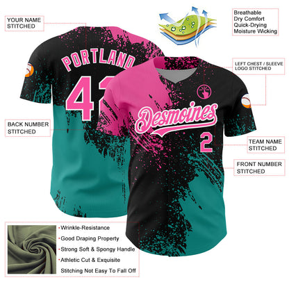 Custom Black Pink-Teal 3D Pattern Design Abstract Brush Stroke Authentic Baseball Jersey - Sky-Custom