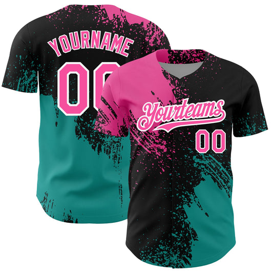 Custom Black Pink-Teal 3D Pattern Design Abstract Brush Stroke Authentic Baseball Jersey - Sky-Custom