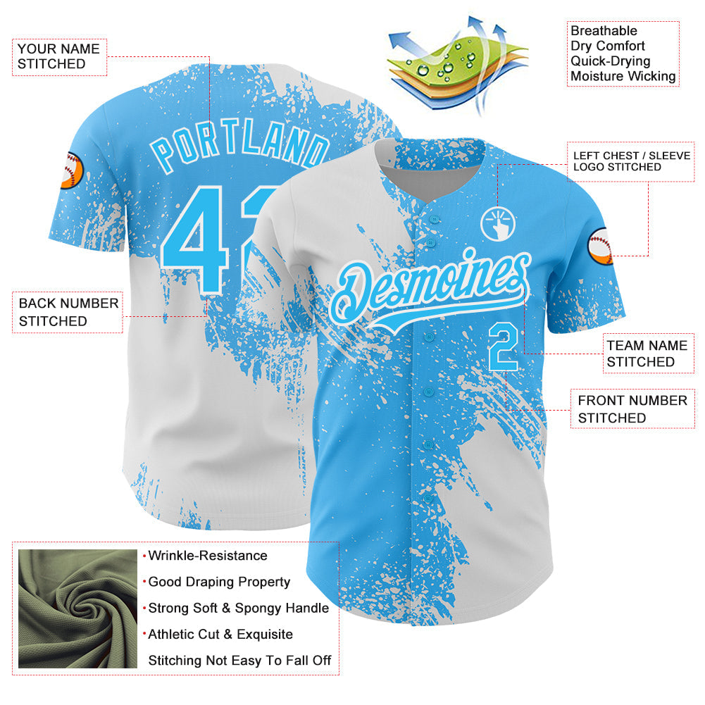 Custom Sky Blue White 3D Pattern Design Abstract Brush Stroke Authentic Baseball Jersey - Sky-Custom