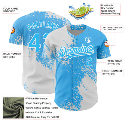Custom Sky Blue White 3D Pattern Design Abstract Brush Stroke Authentic Baseball Jersey - Sky-Custom
