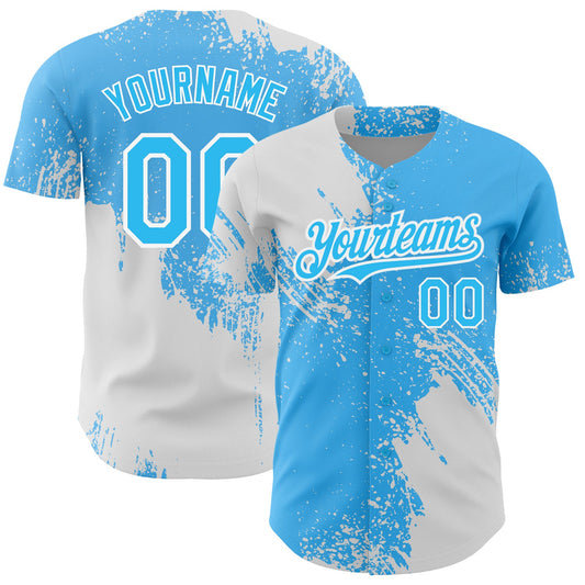 Custom Sky Blue White 3D Pattern Design Abstract Brush Stroke Authentic Baseball Jersey - Sky-Custom