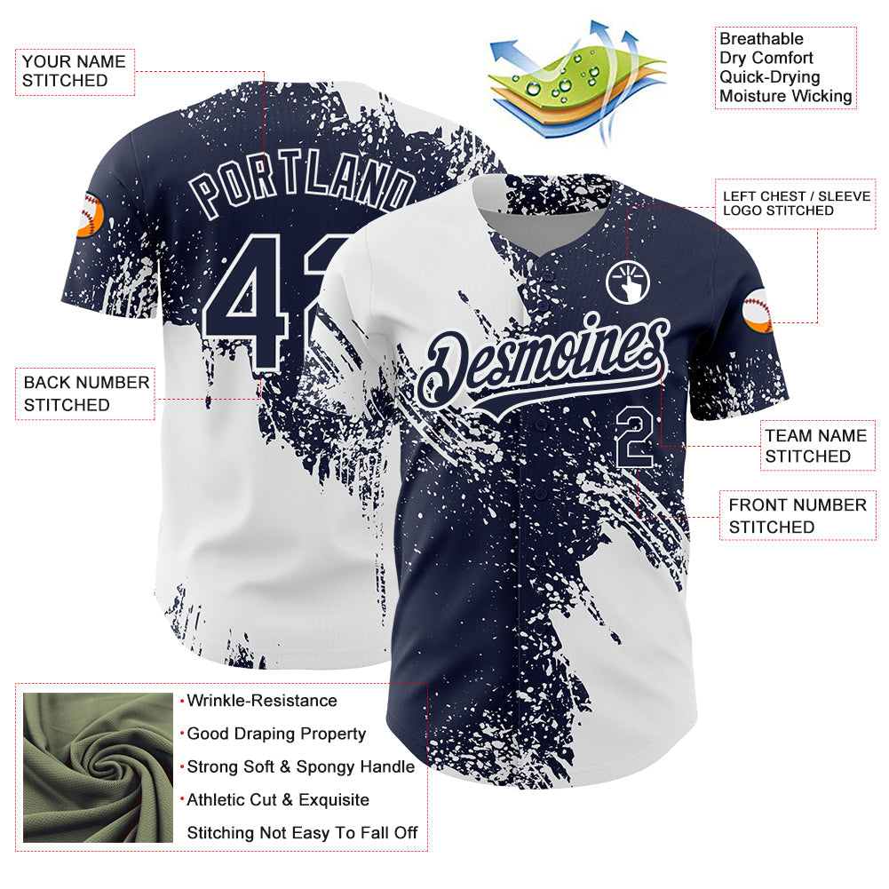 Custom Navy White 3D Pattern Design Abstract Brush Stroke Authentic Baseball Jersey - Sky-Custom
