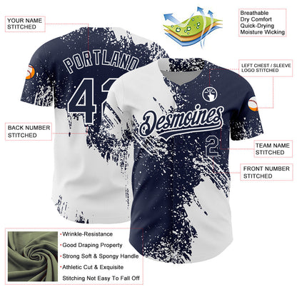 Custom Navy White 3D Pattern Design Abstract Brush Stroke Authentic Baseball Jersey - Sky-Custom