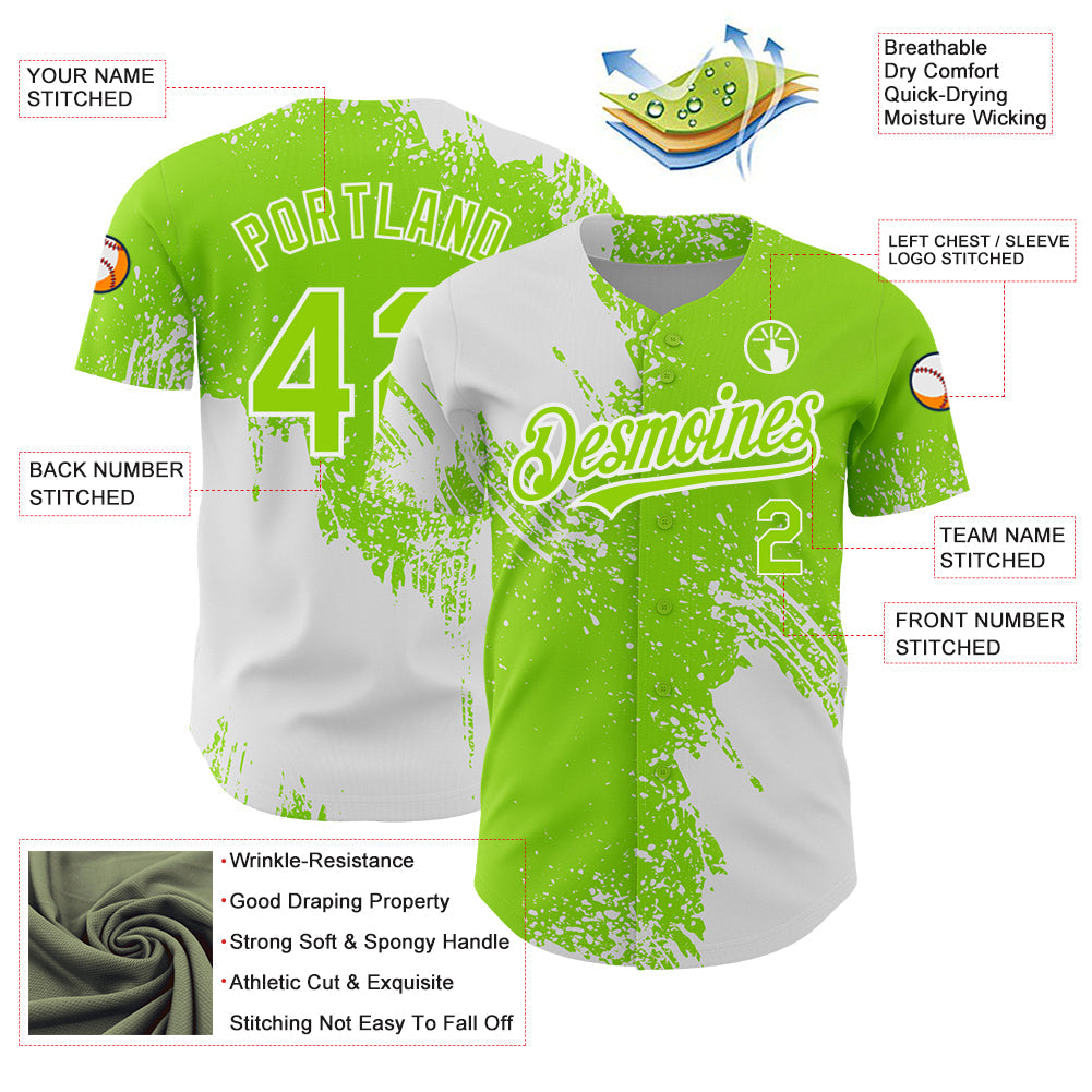 Custom Neon Green White 3D Pattern Design Abstract Brush Stroke Authentic Baseball Jersey - Sky-Custom