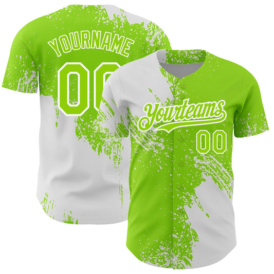 Custom Neon Green White 3D Pattern Design Abstract Brush Stroke Authentic Baseball Jersey - Sky-Custom