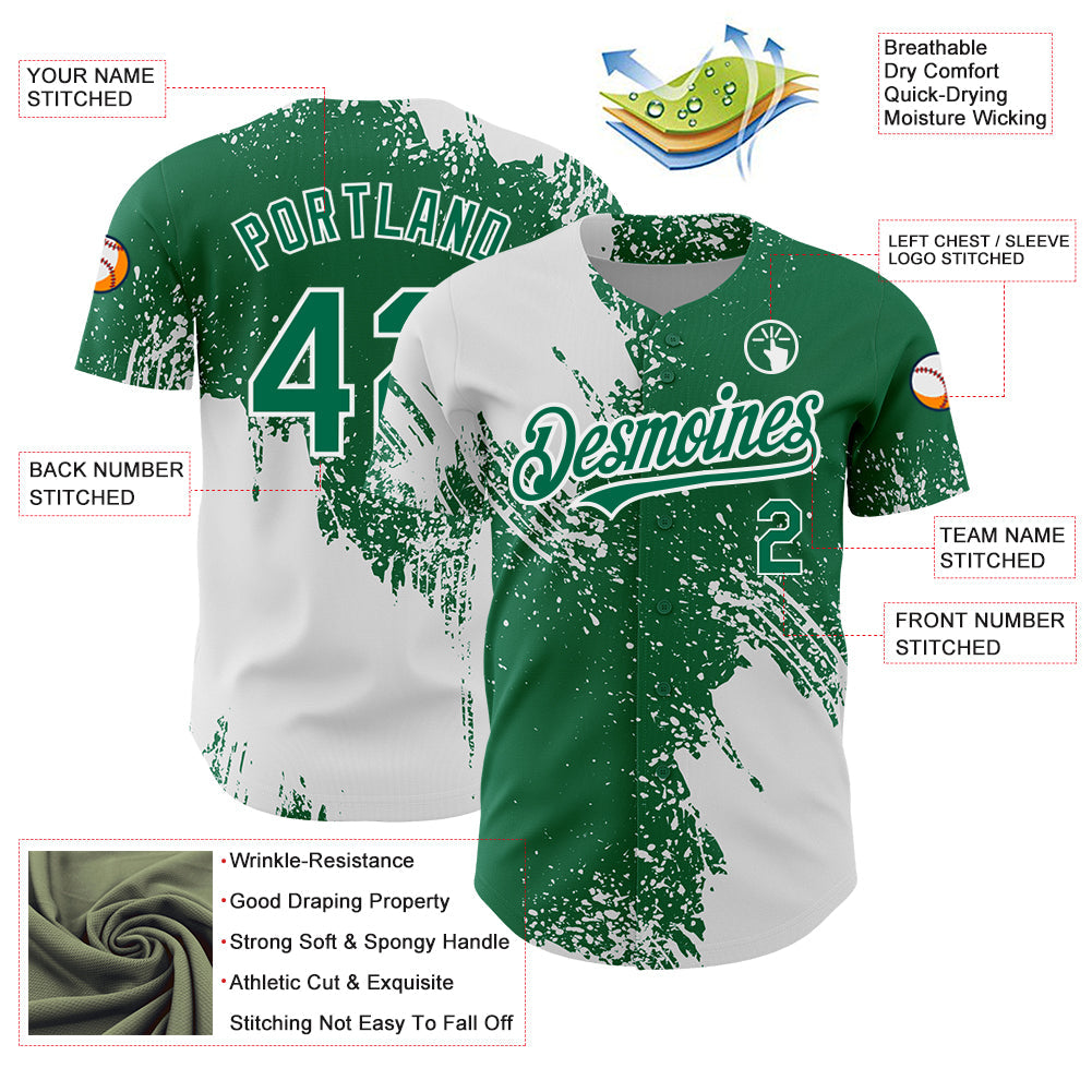 Custom Kelly Green White 3D Pattern Design Abstract Brush Stroke Authentic Baseball Jersey - Sky-Custom