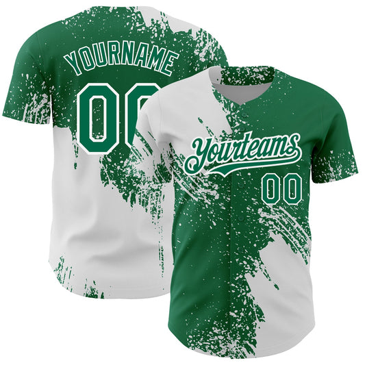 Custom Kelly Green White 3D Pattern Design Abstract Brush Stroke Authentic Baseball Jersey - Sky-Custom