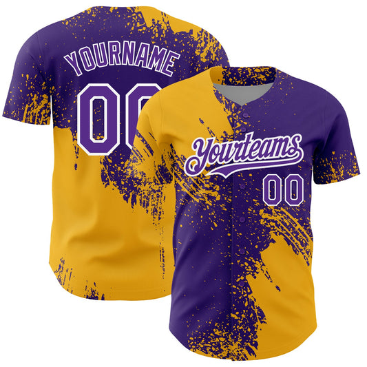 Custom Purple Gold-White 3D Pattern Design Abstract Brush Stroke Authentic Baseball Jersey - Sky-Custom