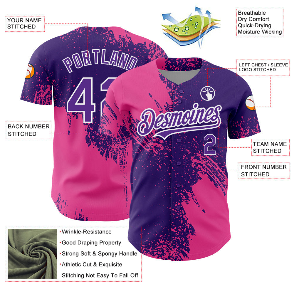 Custom Purple Pink-White 3D Pattern Design Abstract Brush Stroke Authentic Baseball Jersey - Sky-Custom