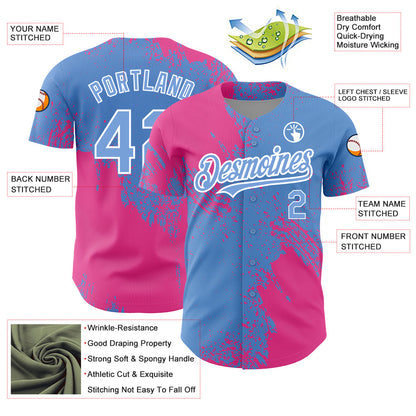 Custom Light Blue Pink-White 3D Pattern Design Abstract Brush Stroke Authentic Baseball Jersey - Sky-Custom