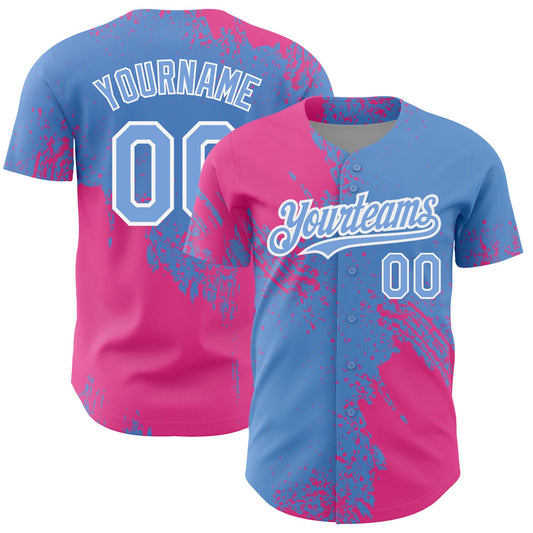 Custom Light Blue Pink-White 3D Pattern Design Abstract Brush Stroke Authentic Baseball Jersey - Sky-Custom