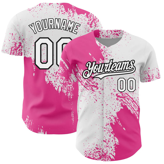 Custom White Pink-Black 3D Pattern Design Abstract Brush Stroke Authentic Baseball Jersey - Sky-Custom