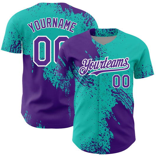 Custom Aqua Purple-White 3D Pattern Design Abstract Brush Stroke Authentic Baseball Jersey - Sky-Custom
