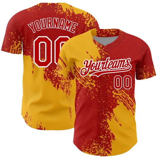 Custom Red Gold-White 3D Pattern Design Abstract Brush Stroke Authentic Baseball Jersey - Sky-Custom