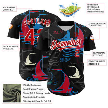 Custom Black Red-White 3D Pattern Design Sailing Boats Authentic Baseball Jersey - Sky-Custom