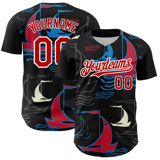 Custom Black Red-White 3D Pattern Design Sailing Boats Authentic Baseball Jersey - Sky-Custom