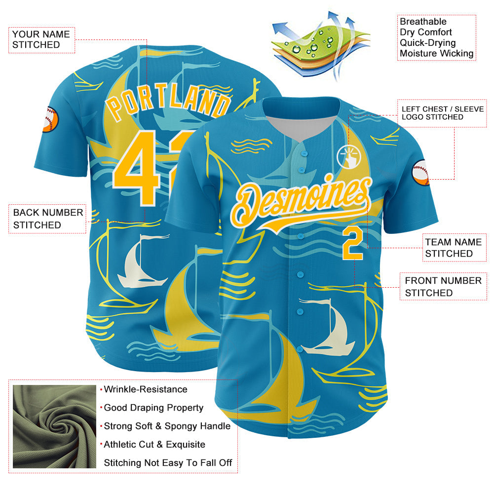 Custom Panther Blue Gold-White 3D Pattern Design Sailing Boats Authentic Baseball Jersey - Sky-Custom
