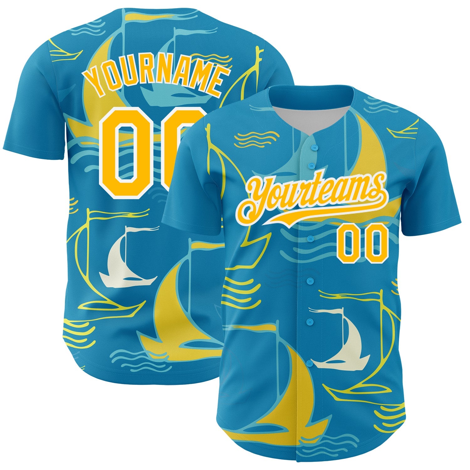 Custom Panther Blue Gold-White 3D Pattern Design Sailing Boats Authentic Baseball Jersey - Sky-Custom