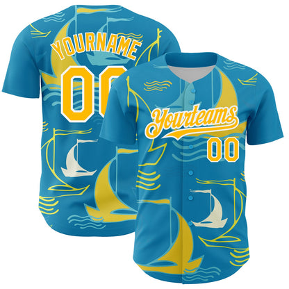 Custom Panther Blue Gold-White 3D Pattern Design Sailing Boats Authentic Baseball Jersey - Sky-Custom