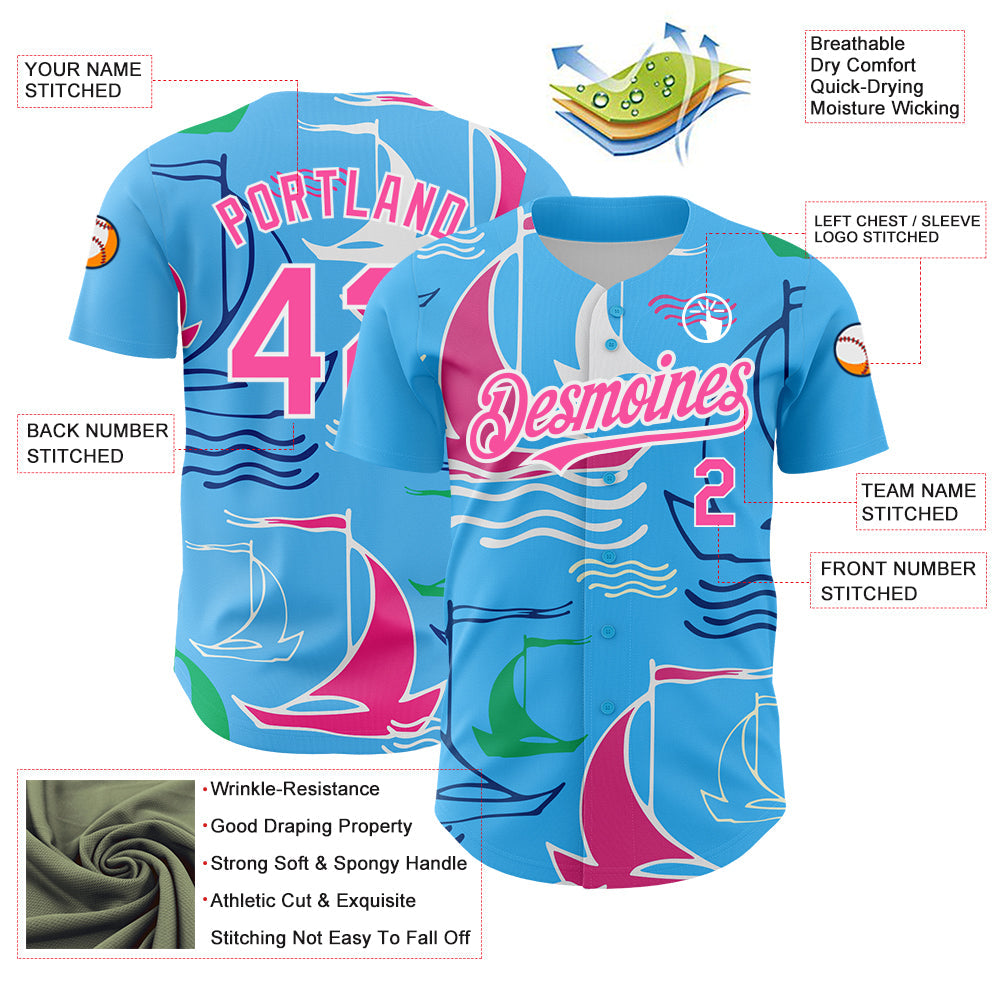 Custom Sky Blue Pink-White 3D Pattern Design Sailing Boats Authentic Baseball Jersey - Sky-Custom