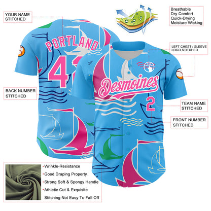 Custom Sky Blue Pink-White 3D Pattern Design Sailing Boats Authentic Baseball Jersey - Sky-Custom