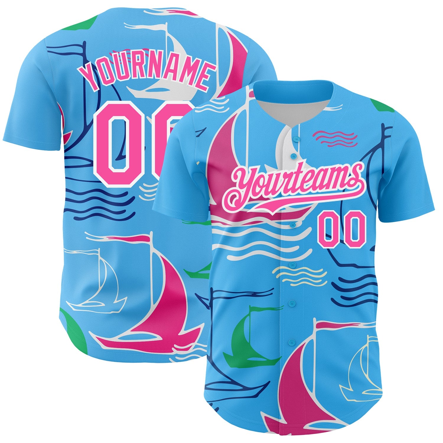 Custom Sky Blue Pink-White 3D Pattern Design Sailing Boats Authentic Baseball Jersey - Sky-Custom