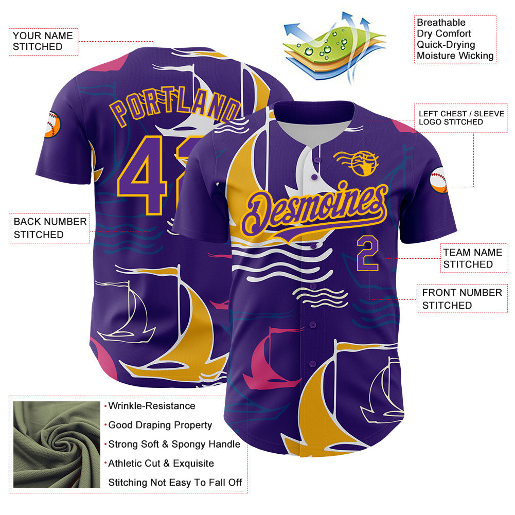 Custom Purple Gold 3D Pattern Design Sailing Boats Authentic Baseball Jersey - Sky-Custom