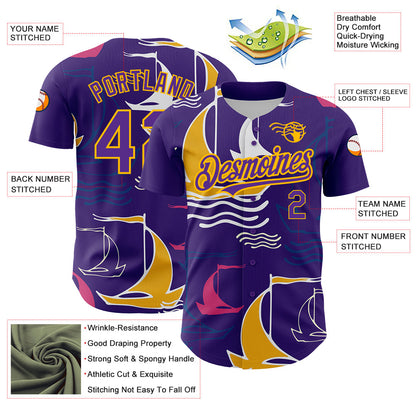 Custom Purple Gold 3D Pattern Design Sailing Boats Authentic Baseball Jersey - Sky-Custom