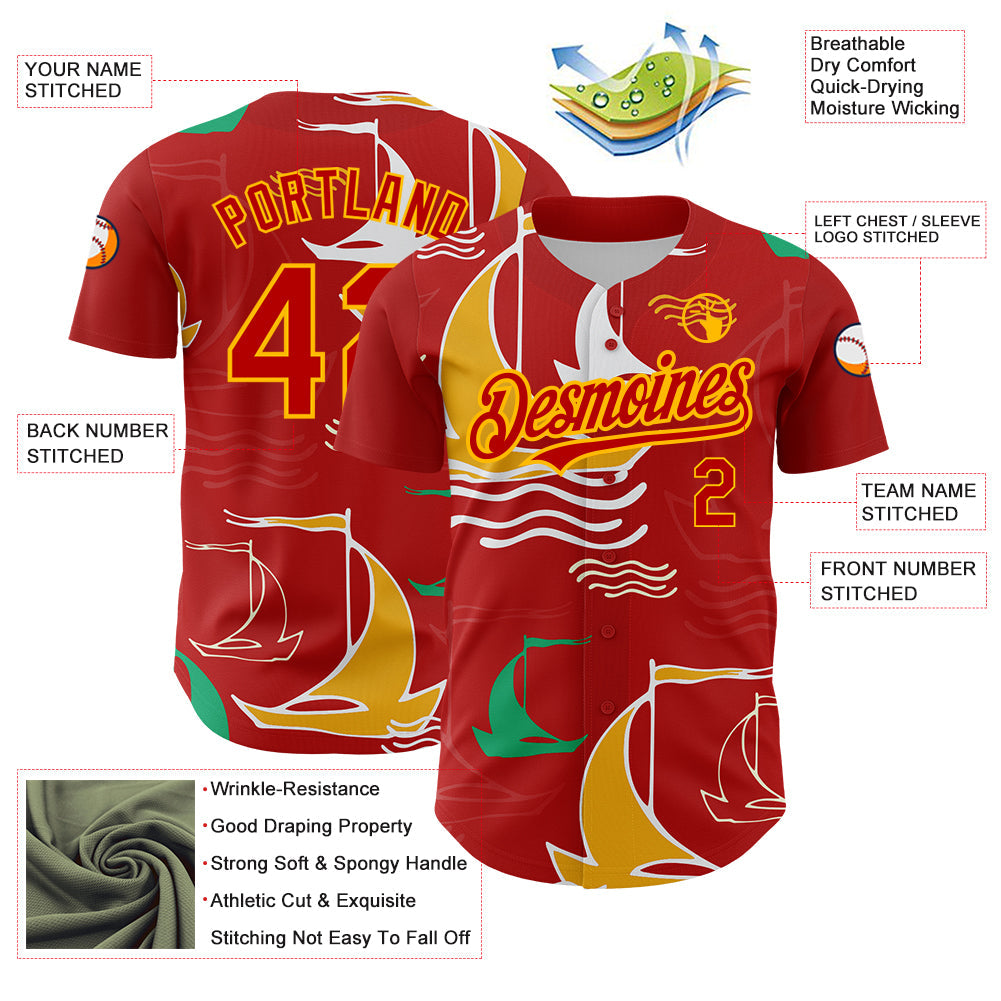 Custom Red Gold 3D Pattern Design Sailing Boats Authentic Baseball Jersey - Sky-Custom