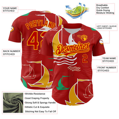 Custom Red Gold 3D Pattern Design Sailing Boats Authentic Baseball Jersey - Sky-Custom