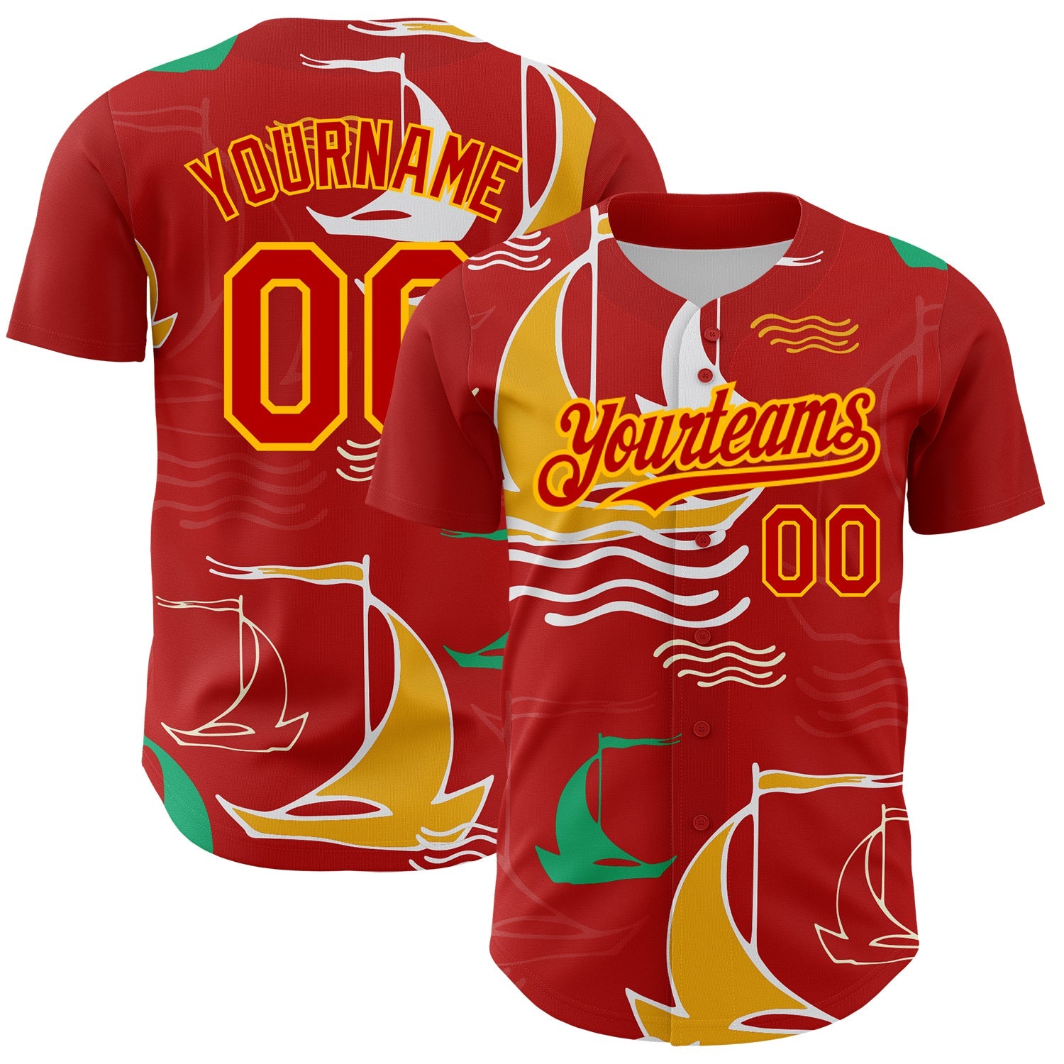 Custom Red Gold 3D Pattern Design Sailing Boats Authentic Baseball Jersey - Sky-Custom