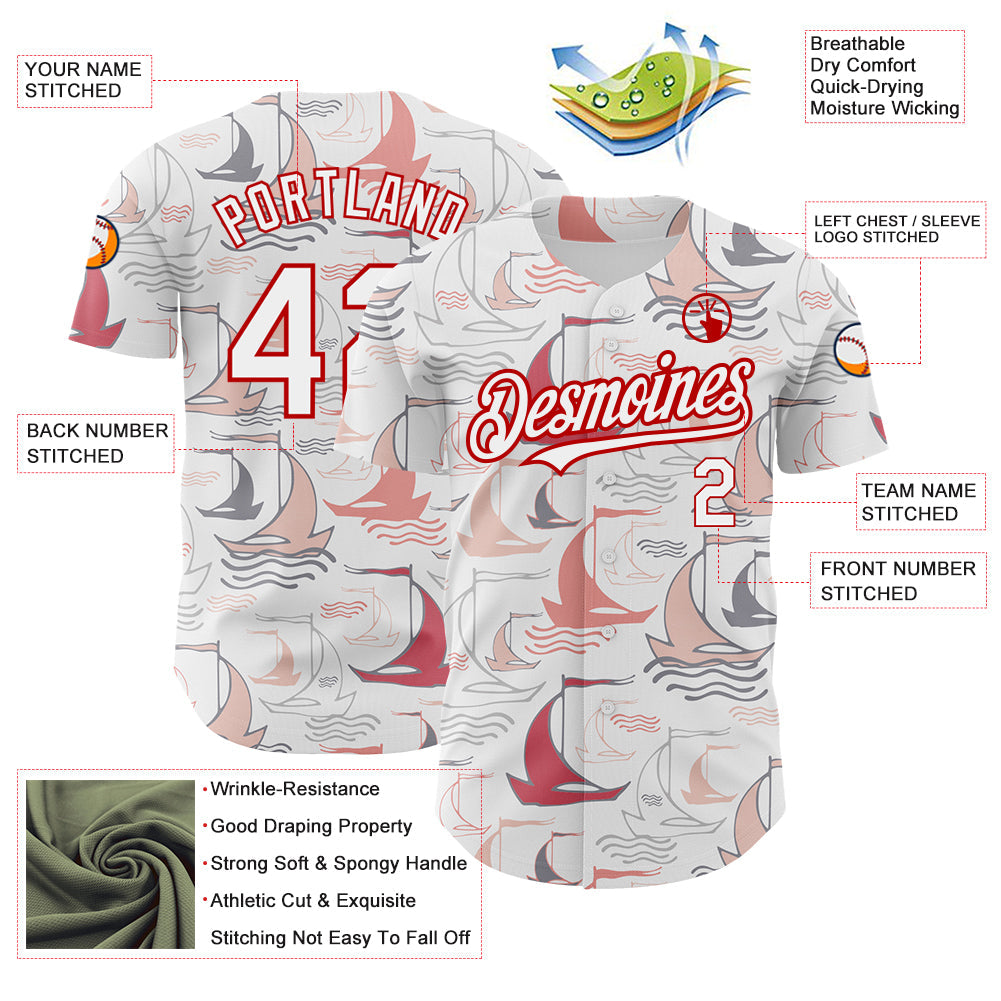 Custom White Red 3D Pattern Design Sailing Boats Authentic Baseball Jersey - Sky-Custom