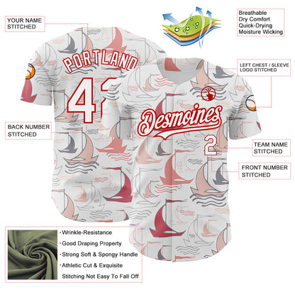 Custom White Red 3D Pattern Design Sailing Boats Authentic Baseball Jersey - Sky-Custom