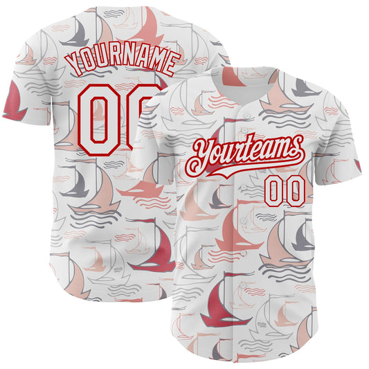 Custom White Red 3D Pattern Design Sailing Boats Authentic Baseball Jersey - Sky-Custom
