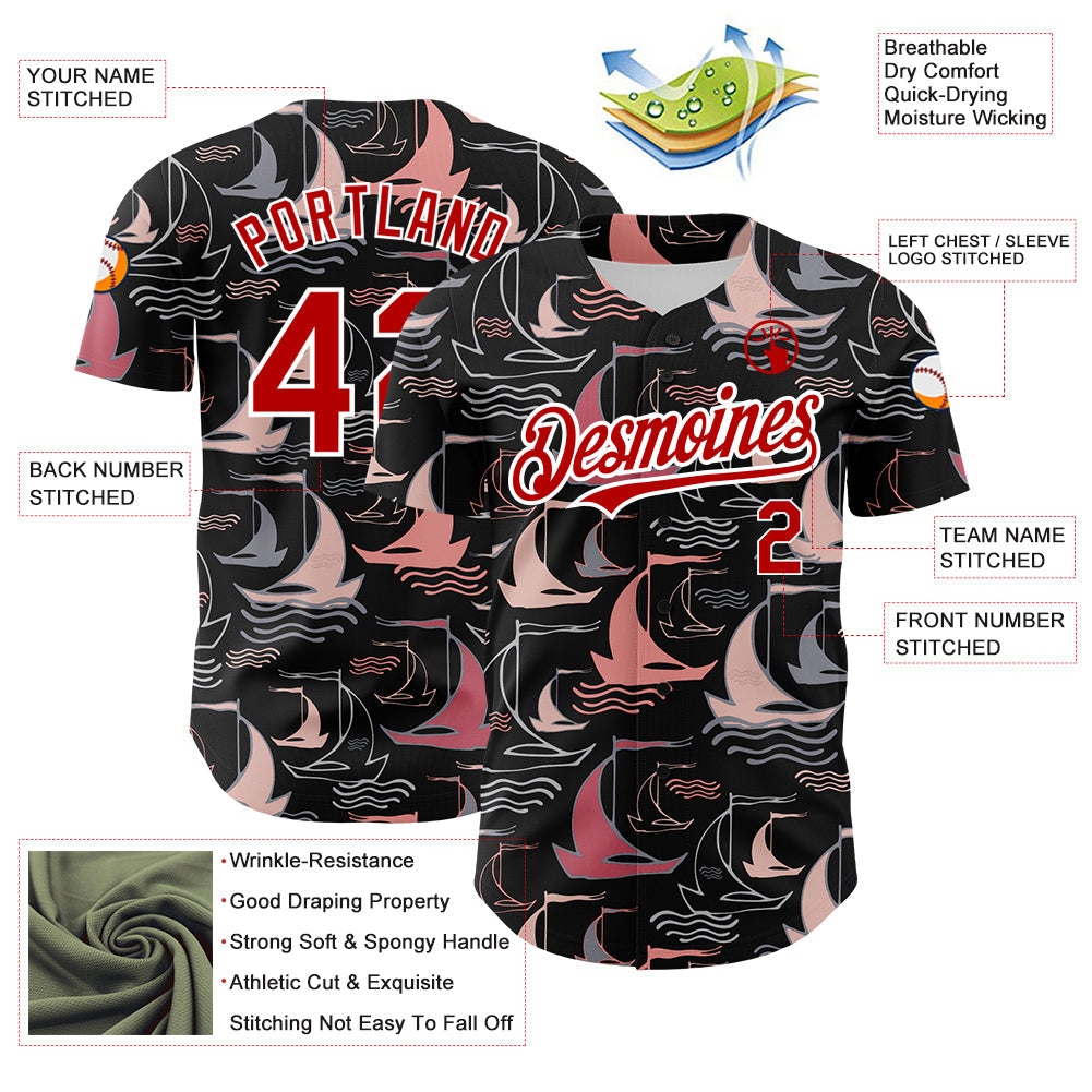 Custom Black Red-White 3D Pattern Design Sailing Boats Authentic Baseball Jersey - Sky-Custom